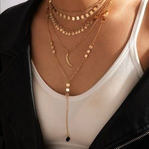 Celestial Layered Necklace Moon & Stars Random Discs Layered Necklace